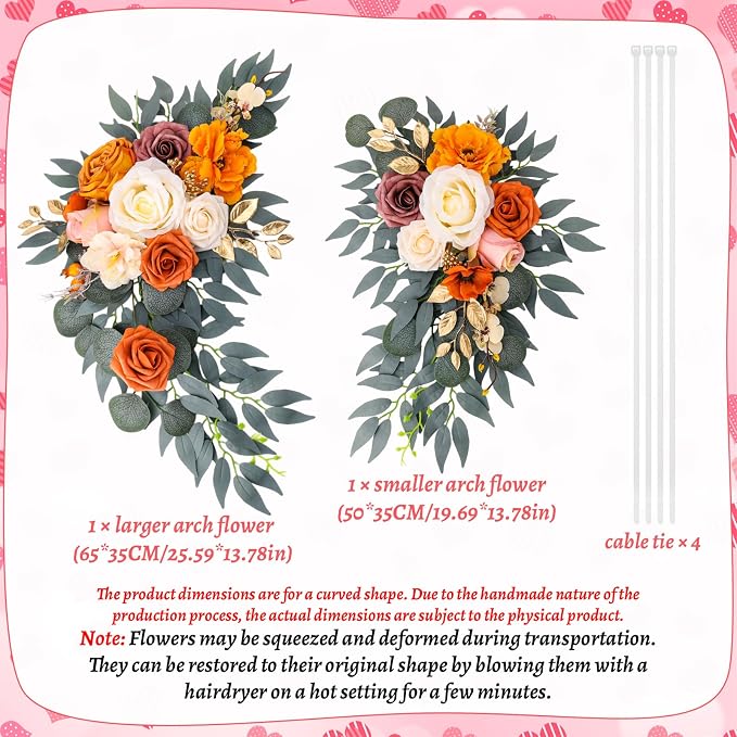2 Pcs Wedding Arch Decorations - Reusable Artificial Hanging Flowers Floral Swag Greenery Garland for Wedding Welcome Sign Backdrop Bridal Ceremony Reception Backdrop Decoration(Orange)