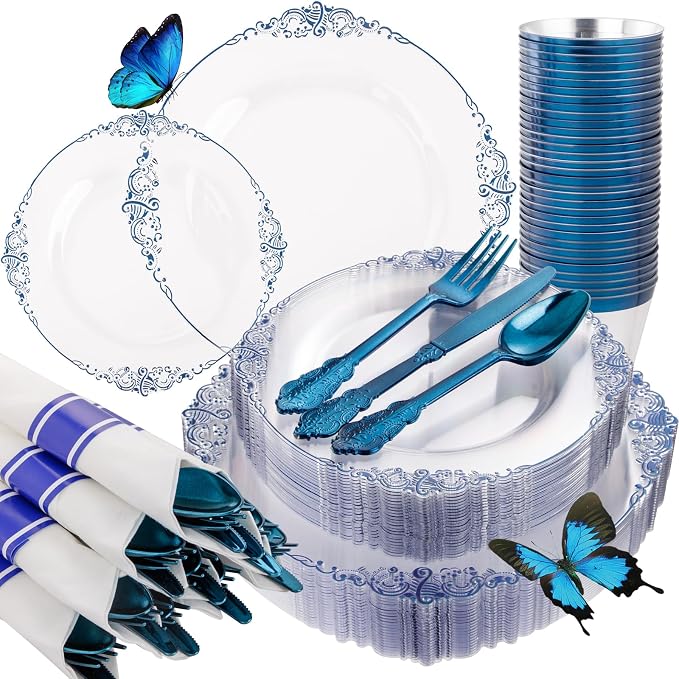 Hioasis 175pcs Clear and Blue Plates - Blue Party Plates for 25 Guest, Include 50 Heavy-duty Plates(20% Thicker Than Standard), 25 Pre Rolled Gold Plastic Silverware Set, 25 Cups for 4th ofJuly