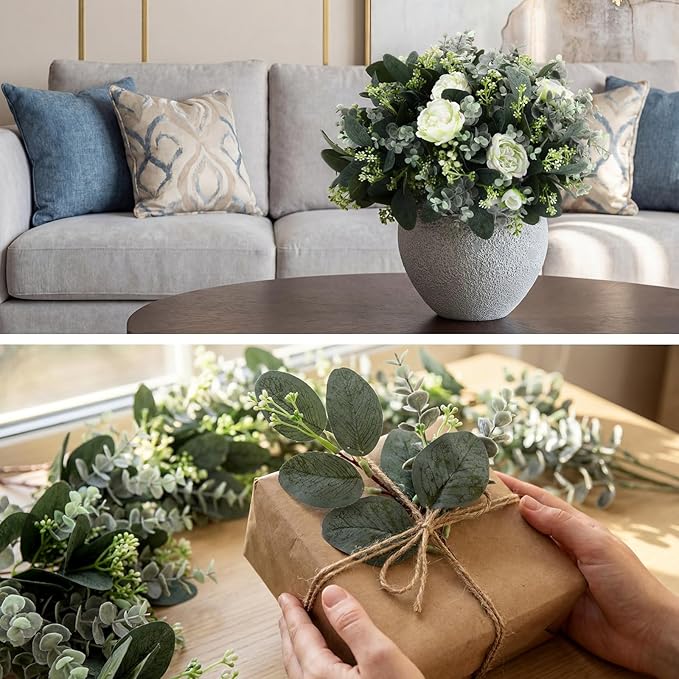 Janinka Mixed Eucalyptus Leaves Stems Bulk with White Seeds Artificial Silver Dollar Leaves Sprays Faux Oval for Wreath Garland Floral Bouquets Arrangement Wedding Greenery Decoration (260)