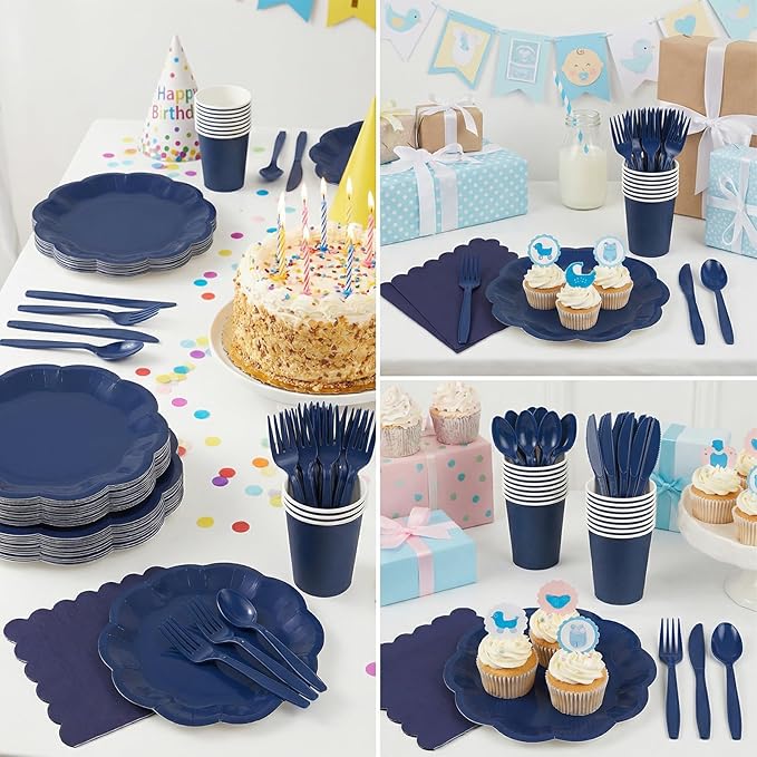 NatNarr 175 Pcs Navy Blue Plates and Napkins Set, 25 Guest Navy Blue Party Supplies Include 9" Graduation Plates & 7" Cake Plate Disposable Plastic Cutlery for Birthday Graduation Party Wedding