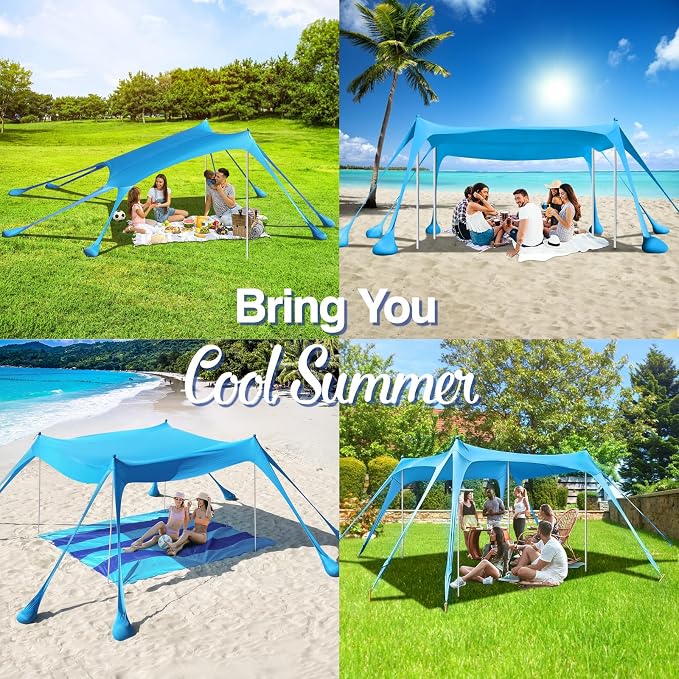 Rhino Valley Beach Tent, 10 x 10 FT Beach Shade UPF50+ Protection, Beach Canopy with 8 Sandbags 4 Stability Poles, Outdoor Beach Tent Sun Shelter Umbrella for Sand,Camping,Fishing Essentials, Sky Blue