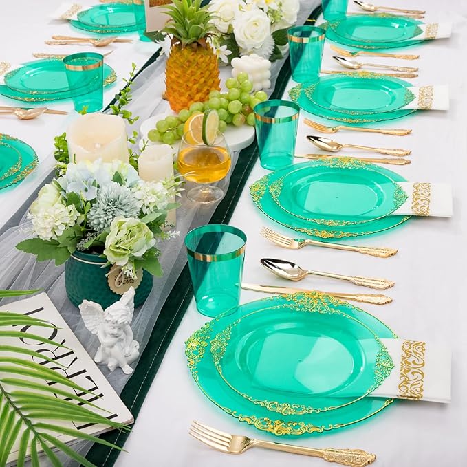 Hioasis 175pcs Clear Green Plastic Plates - Elegant Disposable Dinnerware Set Suitable for 25 Guests Include 10.25" Dinner & 7.5" Dessert Plates, Cutlery, Napkins, Cups for Party & St. Patrick's Day