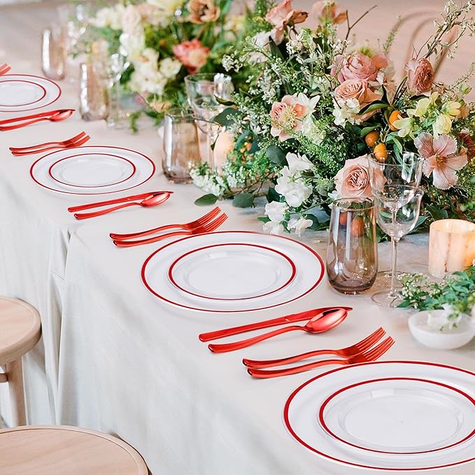 Beststar 350PCS Red and Clear Plastic Dinnerware Sets for 50 Guests, Include 100 Red Disposable Party Plates, 100 Forks, 50 Knives, 50 Spoons, 50 Cups,christmas party supplies