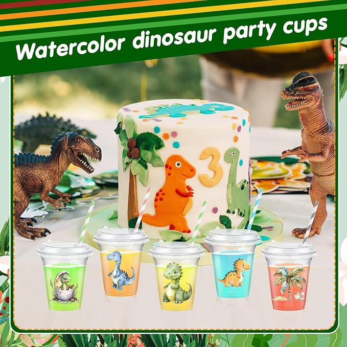 Qinyoung 60 Pcs Dinosaur Baby Shower Decorations Safari Animals Cups with Lids and Paper Straws 14 oz Dino Rebirth Party Cups for Dinosaur 4th Baby Shower Birthday Party Favor