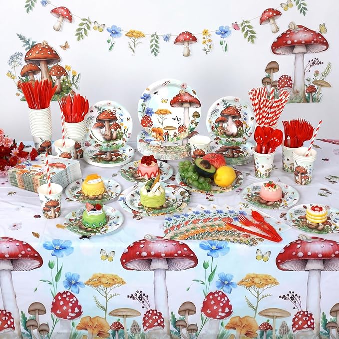 Funnymoom 452 Pcs Mushroom Party Decorations for 50 Guests, Red Watercolor Mushroom Paper Plates Napkins Cups Tablecloth Cutlery Straws for Fairy Tale Birthday Baby Shower Party Supplies
