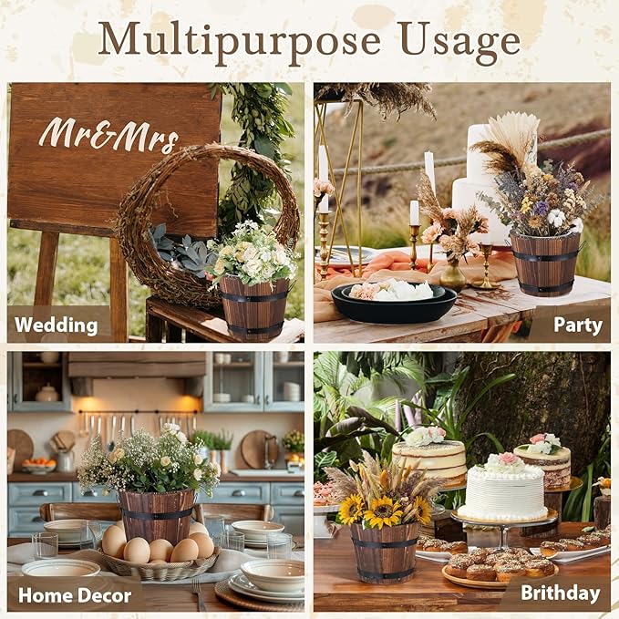 Remerry 6 Pcs Rustic Wood Barrel Planter Boxes with Removable Plastic Liners & Floral Foam Blocks, Farmhouse Decor for Wedding Table, Home, Garden, Kitchen & Party Centerpieces (Classic)