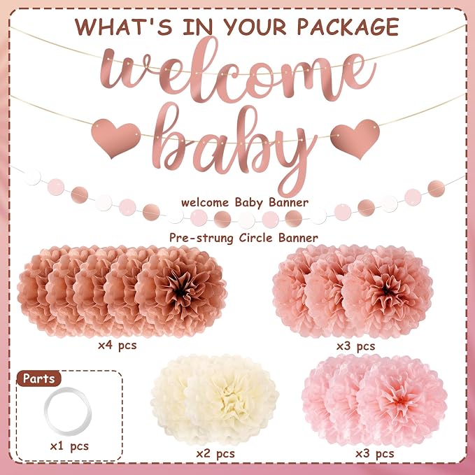 Kriyokiaa 15 Pcs Baby Shower Decorations for Girl Dark Rosegold Baby Shower Decorations with Welcome Baby Banners Paper Flower Pom Poms Perfect for Indoor & Outdoor Celebrations
