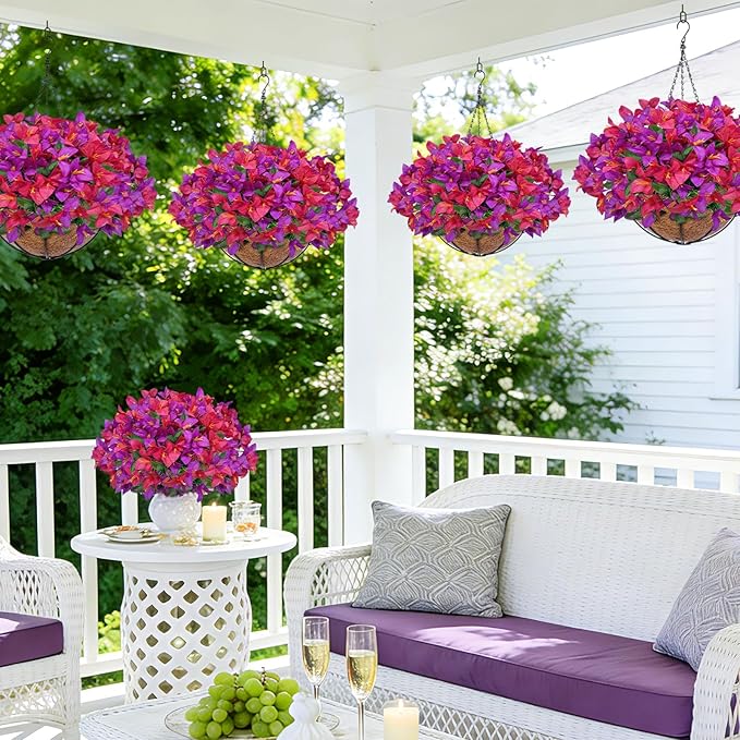 Artificial Fake Hanging Flowers Plants Baskets for Outdoors, Faux Silk Bougainvillea in Planter UV Resistant Realistic Spring Summer Decoration for Outside Porch Patio Yard Home Decor (Purple Hotpink)