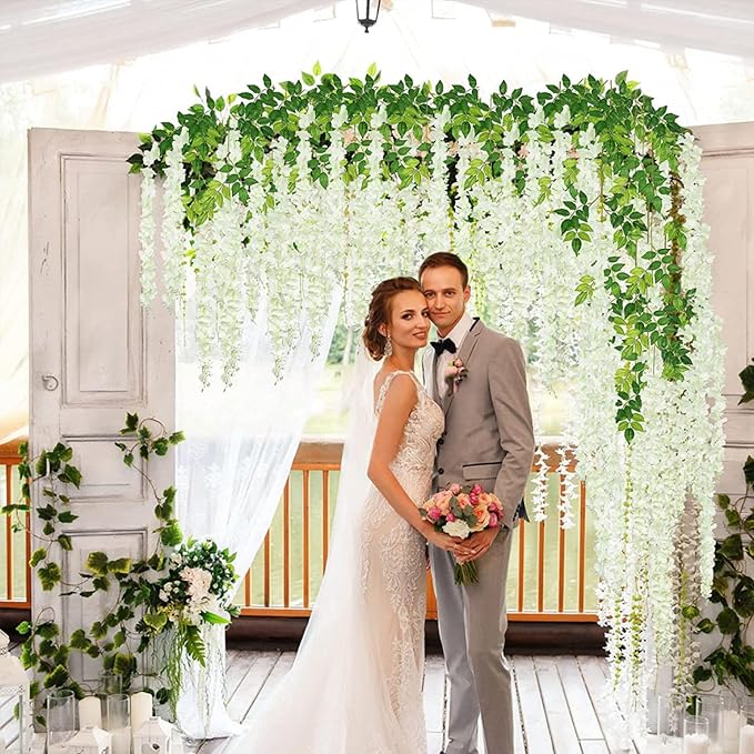 5 Pack White Wisteria Hanging Flowers, 3.44 Ft Fake Hanging Flowers, Artificial Wisteria Garland Vines for Wedding Room Backdrop Outdoor Patio Garden Decoration