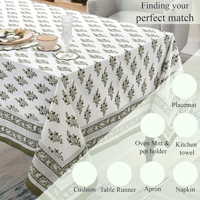 Ridhi Block Print Nature Spring Rectangle Cotton Tablecloth 140" x 72" Reusable Table Cover Decorative Everyday Use for Dining, Farmhouse, Home Gift for Spring, Easter, Valentine