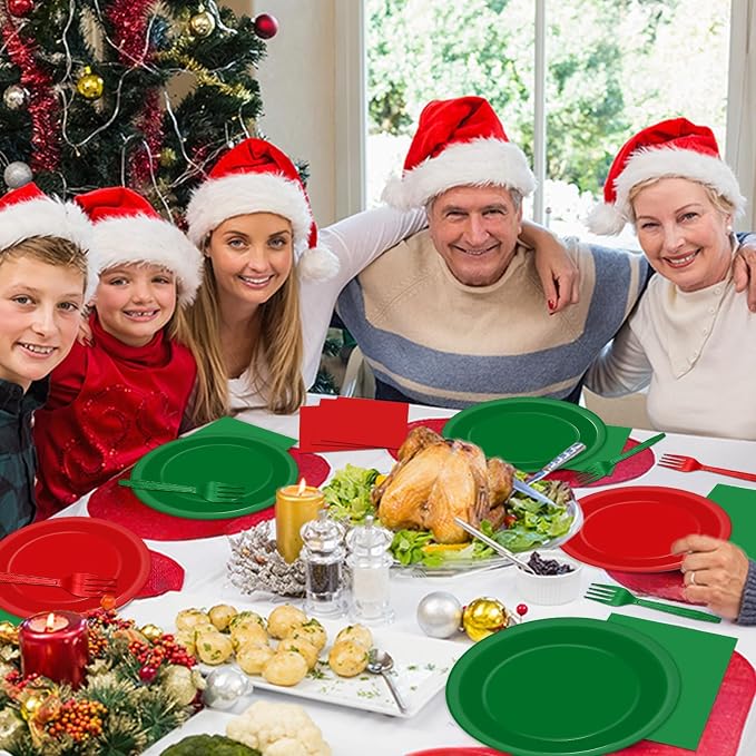 gisgfim 50 Guests Christmas Party Supplies Red and Green Plates and Napkins Plastic Forks Holiday Tableware Xmas Paper Plates for Christmas Party 200PCS