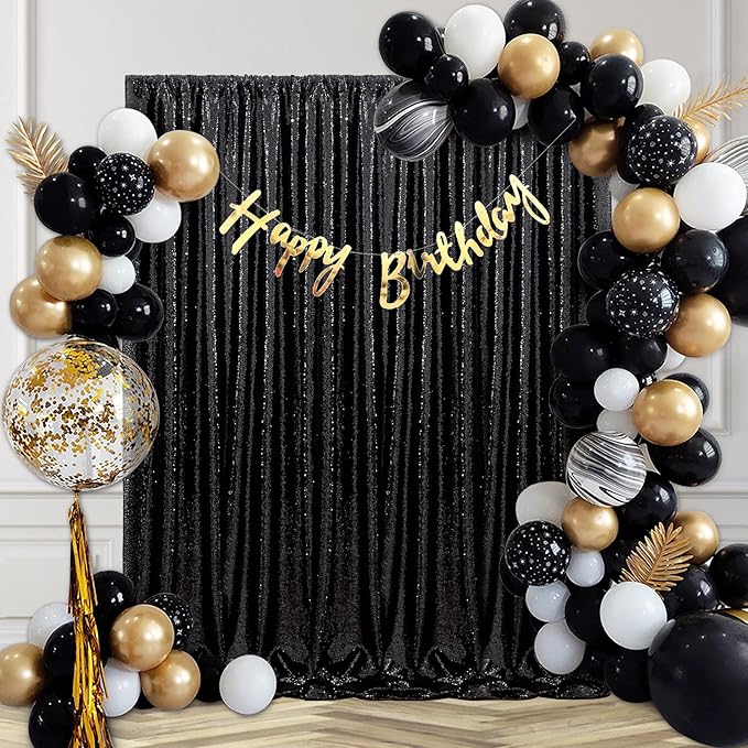 B-COOL Black Sequin Curtains Drapes 4 Panels Glitter Party Curtains 2FTx8FT for New Years Gothic Themed Party Birthday Stage Holiday Decorations