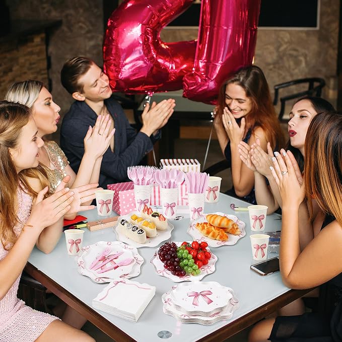 Ziliny 350 Pcs Bow Pink Party Supplies Tableware Set Disposable 9'' 7'' Paper Plates 9 oz Cups Cutlery Napkins Dinnerware Set for 1st Birthday, Serve 50 (Bow, Pink)