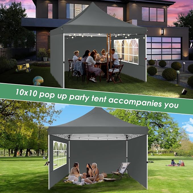 COBIZI 10x10 Pop Up Canopy Tent with 3 Sidewalls, Commercial Party Tent Ez Waterproof Outdoor Instant Gazebo UV 50+ Event Shelter, Garden Tents for Parties Camping with Sandbags, Grey