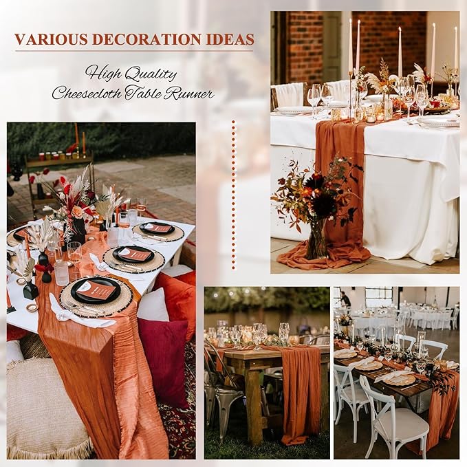 16 Pack 10Ft Cheesecloth Table Runner Terracotta, 20 x 120 Inch Rustic Gauze Boho Cheese Cloth Table Runners Wedding Long Table Runner for Wedding Party Bridal Shower Table Decoration