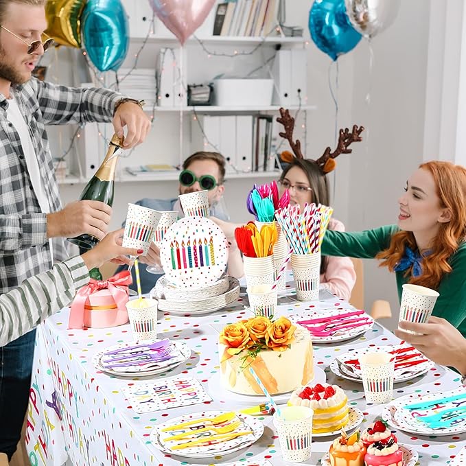 Funnymoom 452 Pcs Happy Birthday Party Decorations Supplies for 50 Guests Birthday Polka Dots Paper Plates Napkins Cups Tablecloth Cutlery for Girls Boys