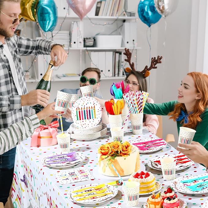 Funnymoom 452 Pcs Happy Birthday Party Decorations Supplies for 50 Guests Birthday Polka Dots Paper Plates Napkins Cups Tablecloth Cutlery for Girls Boys