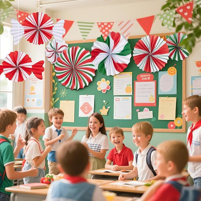 SUNBEAUTY Christmas Hanging Paper Fans Decoration Candy Peppermint Paper Christmas Decoration Candy Party Classroom Decor White and Red Xmas Ceiling Birthday Party Bulletin Board Office Decor