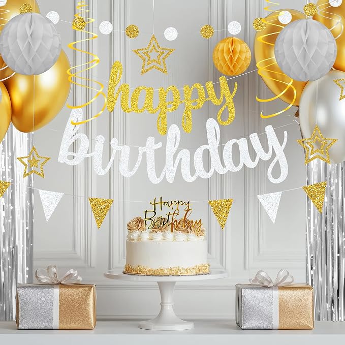 Gold and Silver Birthday Party Decorations Set - Happy Birthday Banner Balloons Foil Curtains Hanging Swirls for Men Women Birthday Party Supplies