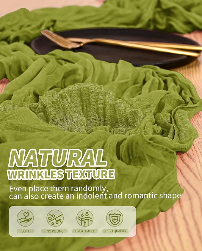 12 Pack Cheesecloth Table Runner,Olive Green Table Runner Long Romantic Semi Sheer Rustic Boho Gauze Table Runners for Wedding Bridal Shower Birthday Party Decorations(17.7×108 Inch)