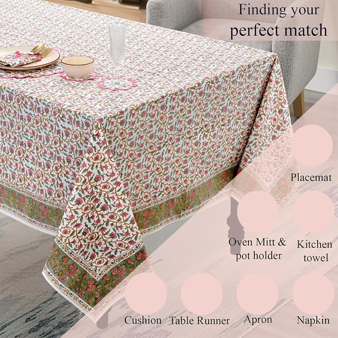 Ridhi Block Print Rose Pink Floral Vine Rectangle Cotton Tablecloth 140" x 72" Reusable Table Cover Decorative Everyday Use for Dining, Farmhouse, Home Gift for Spring, Easter, Valentine