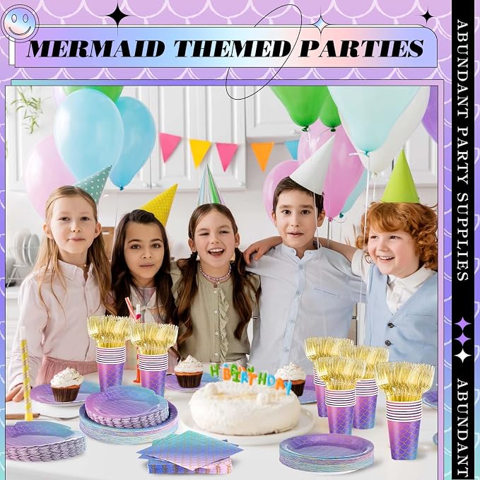 Blushtier 120 Pcs Mermaid Party Supplies Mermaids Themed Decorations Under the Sea Disposable Dinnerware Set Includes Plates Napkins Cups Fork for Birthday Party, Serves 24 Guests