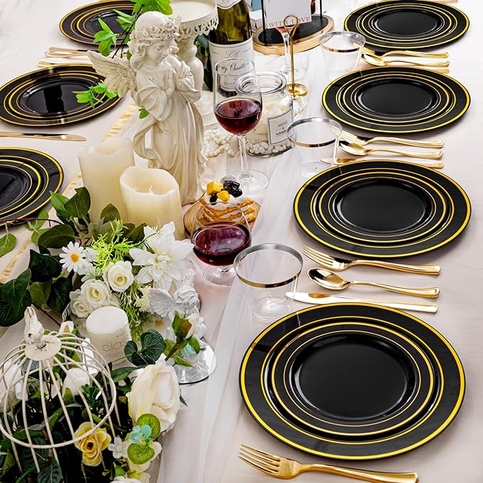 bUCLA 300PCS Black and Gold Disposable Dinnerware Set - 50 Guests Black Plastic Plates with Gold Rim Include 50 Dinner / 50 Dessert Plates, 50 Forks,50 Knives,50 Spoons&50 Cups for Party&Graduation