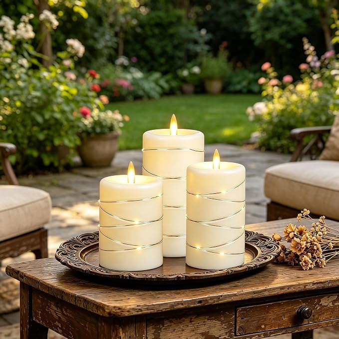 Da by 3 Pack Ivory Flameless Taper Candles, Realistic Flickering LED Candles with Surrounding Fairy String Lights, Heat Resistant ABS Battery Candles with Remote for Indoor Outdoor Decor