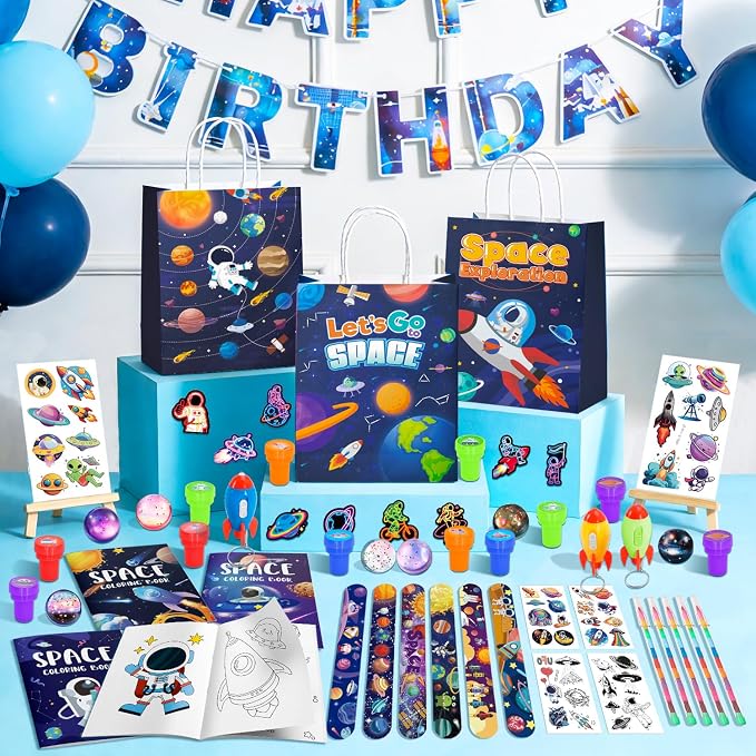 146pcs Space Party Favors Bags Fillers Include Outer Space Goodie Bags Bracelets Solar System Coloring Books etc for Astronaut Party Decorations Supplies