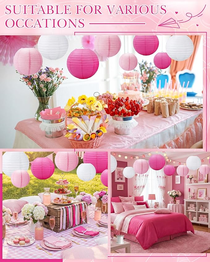 Treela 48 Pcs Paper Lanterns Party Decorations Chinese Round Paper Decor 4/6/8/10 Inch Asian Hanging Lamps Decorative for Birthday Party Wedding Bridal New Year Supplies(Pink,White)