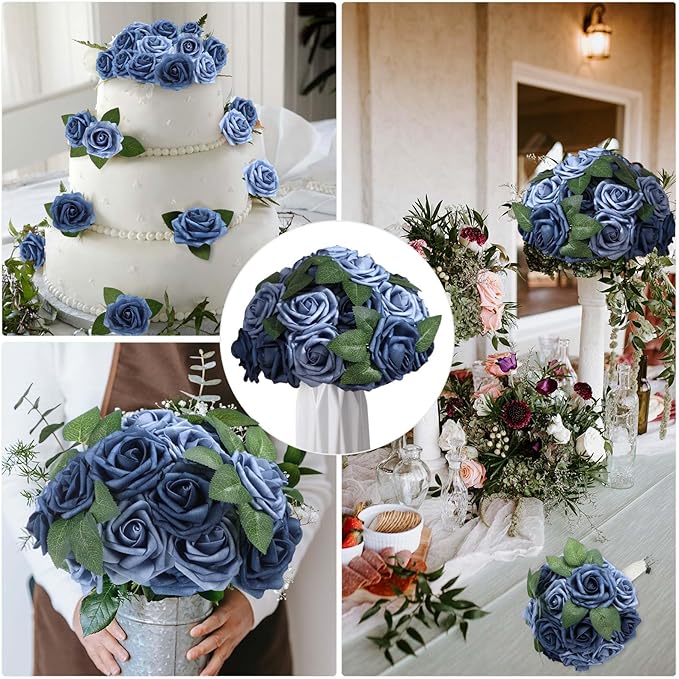 50 Pcs Artificial Foam Rose Flower Faux Bouquet Wedding Fake Rose Gift for Mother's Day Women DIY Bridal Shower Party Table Birthday Home Spring Decor (Dusty Blue Shades)
