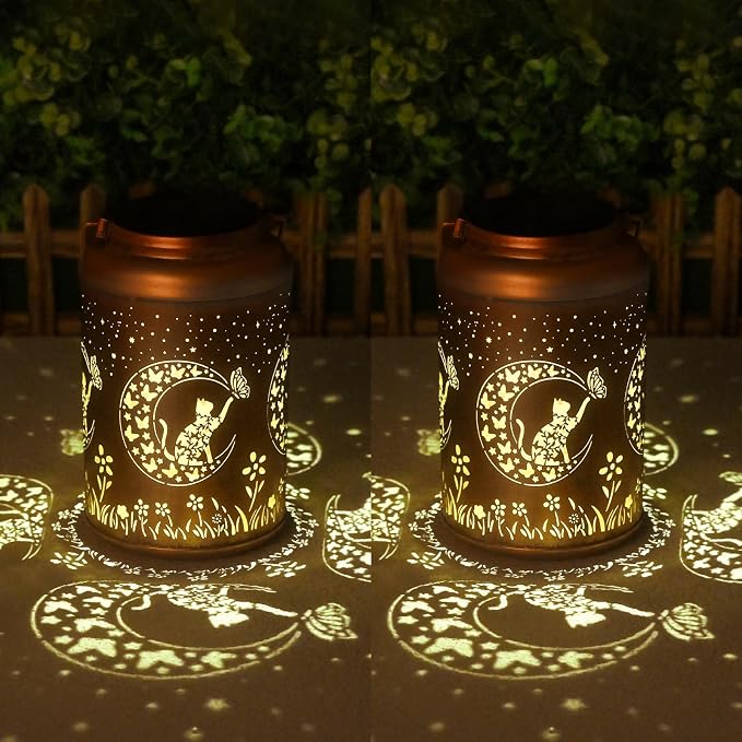 Birthday Gifts for Women Men - 2 Pack Cat Solar Lights Outdoor Waterproof, Mothers Day Gifts for Mom, Decoration Outside for Outdoor, Yard, Garden Decor Solar Lantern