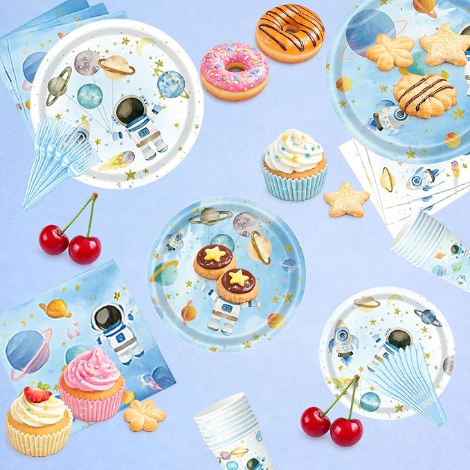 222Pcs Space Themed Party Decorations, Birthday Tableware Set | 2-design plates, cups, napkins, cutlery, foil balloons, tablecloth & stickers for 24 guests
