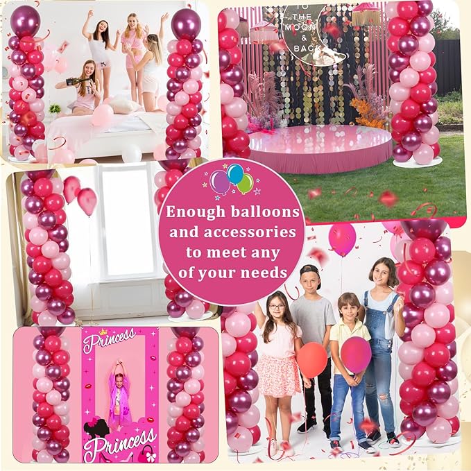 2 Sets Pink Balloon Column Stand Kit with 100 Balloons Adjustable Balloon Tower Stand with Bases for Floor Hot Pink Column for Girls Graduation Mother's Day Birthday Wedding Spring Party Decor