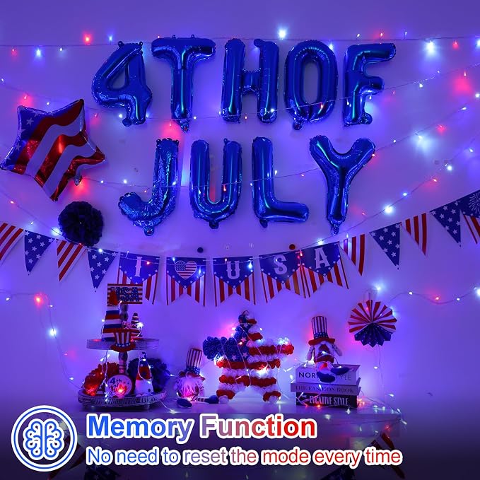 QITONG 2 Pack Red White and Blue Battery Operated Lights, Each 33ft 100 LED 4th of July String Lights Outdoor, Clear Wire Twinkle Light with Remote for Patriotic Independence Memorial Day Decor