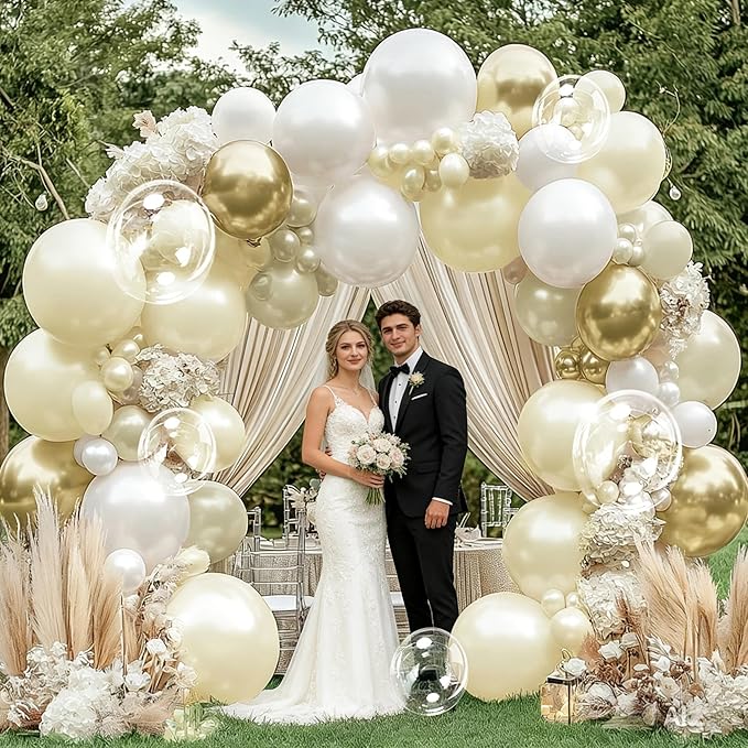 White Gold Balloon Arch Kit Double Stuffed Pearl White Sand Cream Gold Balloon Garland Ivory Beige Balloons for Baby Shower Wedding Bridal Shower Birthday Bear Graduation Bachelorette Party Decor