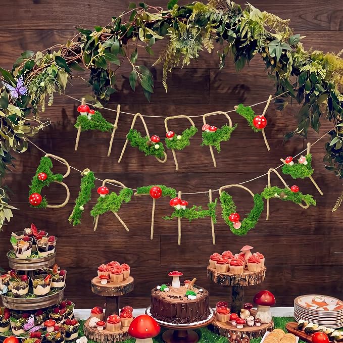 Norme Moss Birthday Party Decorations Banner Mushroom Birthday Decorations Metal 3D Plant Moss Theme Fairy First Birth Decor Sign Garland for 16 21st 30th 40th 50th 60th 70th