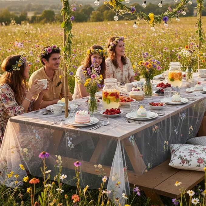 Lounsweer 3 Pcs White Wildflower Table Runner 10ft Embroidery Tulle Spring Floral Table Runner Seasonal Summer Butterfly Kitchen Dining Gauze Decoration for Wedding Baby Shower Birthday Party