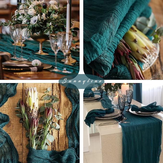 Teal 12 Pieces Cheesecloth Table Runner 10FT Runner for Tables Gauze Fabric Boho Table Runner Decoration Rustic Sheer Runner for Wedding Shower Birthday Party Table Arbor Decor (35 x 120 Inches Long)