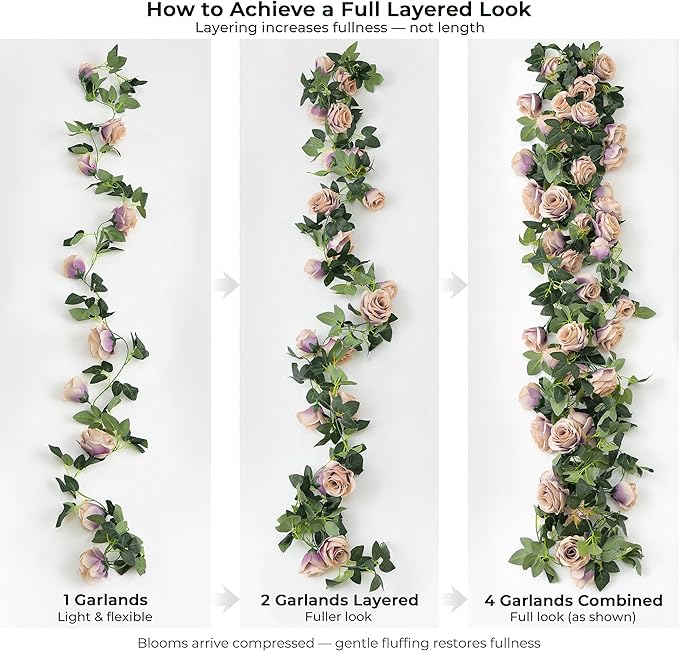 FiveSeasonStuff Smoky Purple Rose Silk Flower Garland Artificial Flowers Decoration Hanging Floral Décor for Wedding Baby Shower Birthday Party Garden 29 Ft 4 Pack