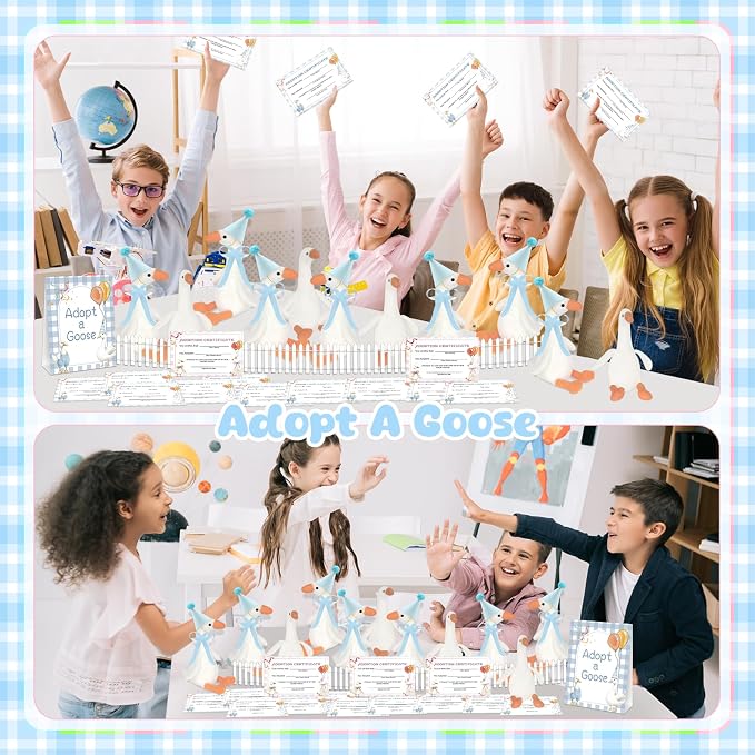 39 Pcs Adopt a Silly Goose Party Favor Include 12 Silly Goose Stuffed Animal 12 Mini Hat 12 Adoption Card 1 Adoption Sign 1 Ribbon 1 Fence for One Silly Goose Baby Shower Party 1st Birthday Decoration