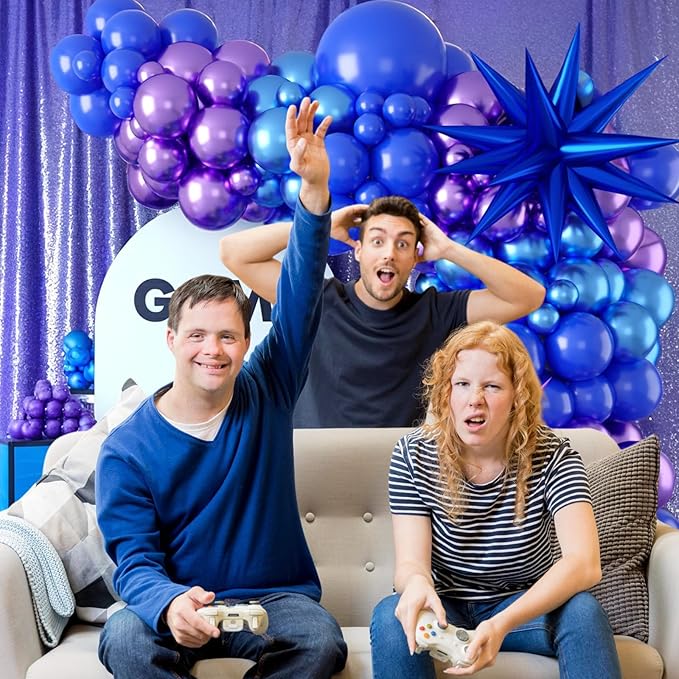 Purple Blue Balloon Arch Kit, Metallic Purple and Blue Balloons Garland Kit with Star Balloons Party Birthday Balloons for Boys Video Game Birthday Baby Shower Engagement Party Supplies