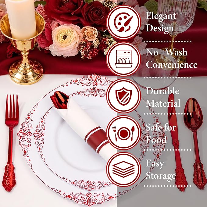 Nervure 175PCS Red Plastic Plates - White Red Plastic Dinnerware Sets for 25 Guests - 50 Red Disposable Plates, 25 Pre Rolled Cutlery Set, 25 Cups Perfect for Wedding, Party & Mother's Day
