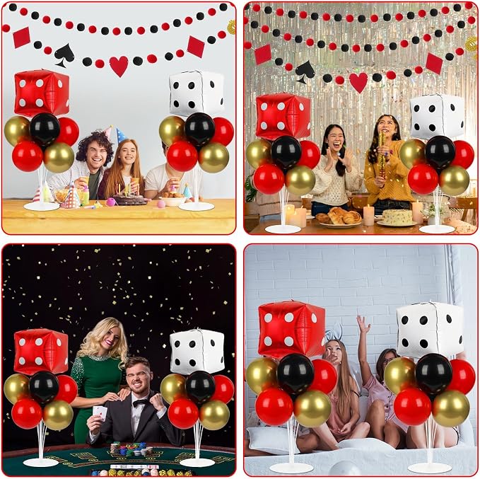 Naozinebi Casino Party Balloons Stand Kit 2 Sets with 2 Dice Foil Balloons Casino Night Theme Party Balloon Centerpiece for Tables for Poker Las Vegas Game Night Birthday Party Decorations