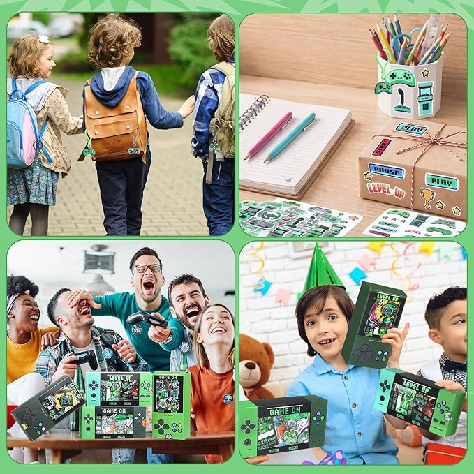 195 Pcs Video Game Party Favors for Kids Gamer Goodie Bag Stuffers Gaming Birthday Party Supplies with Gift Boxes, VIP Pass, Balloons, Bracelets, Keychains, Badges, 3D Stickers (Green)