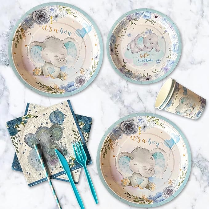 Elephant Baby Shower Decorations for Boy, 224 Pcs Blue Baby Shower Supplies(20 Guest) Includes Paper Plate, Cups, Napkins, Forks, Balloon Garland, Tablecloth, Backdrop