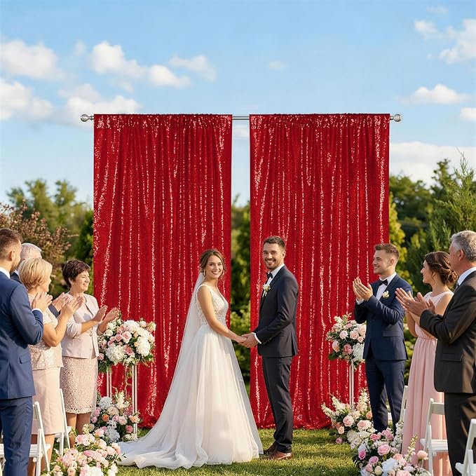 SquarePie 2 PCS 4x10ft Red Sequin Backdrop for Photography, Extra Long Satin-Backed Real Sequin Curtain, High-Density Shimmering Background with 4" Rod Pocket for Wedding Ceremony, 2 Panels