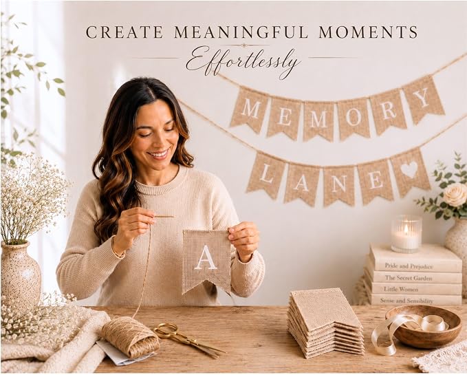 Pre-Printed Banner Kit – 97 BURLAP Flags with WHITE Letters, Numbers & Symbols, Reusable DIY Custom Banner, Make Your Own Personalized Banner for Aesthetic Party Decor, Natural Linen-Look Burlap, Includes Twine & Needles
