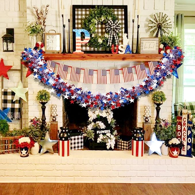 4th of July Garland Decorations,50Ft Glitter Tinsel Patriotic Decor for Tree Car Golf Cart Parade Float Bike Party Table Yard Door Boat Indoor Outdoor Holiday Home