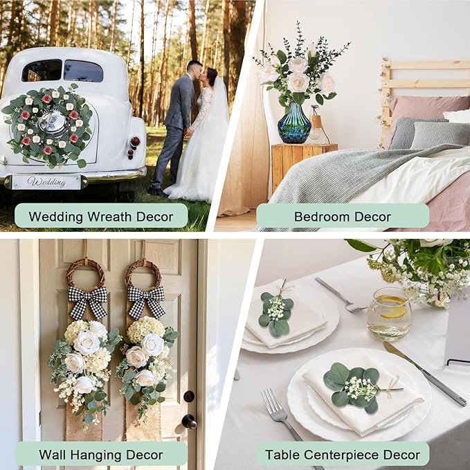 Consevisen 120 Pcs Eucalyptus Stems Artificial Flowers, 5 Kinds Mixed Faux Eucalyptus Leaves Greenery Stems Bulk for Wedding Bouquet, Table Centerpieces, Vase Floral Arrangements, Farmhouse Home Decor